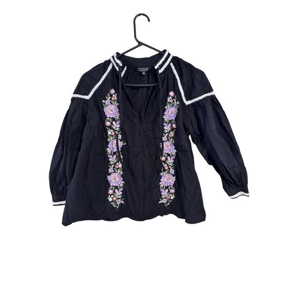 TopShop Black Floral Blouse Size 2 Boho - Picture 1 of 6